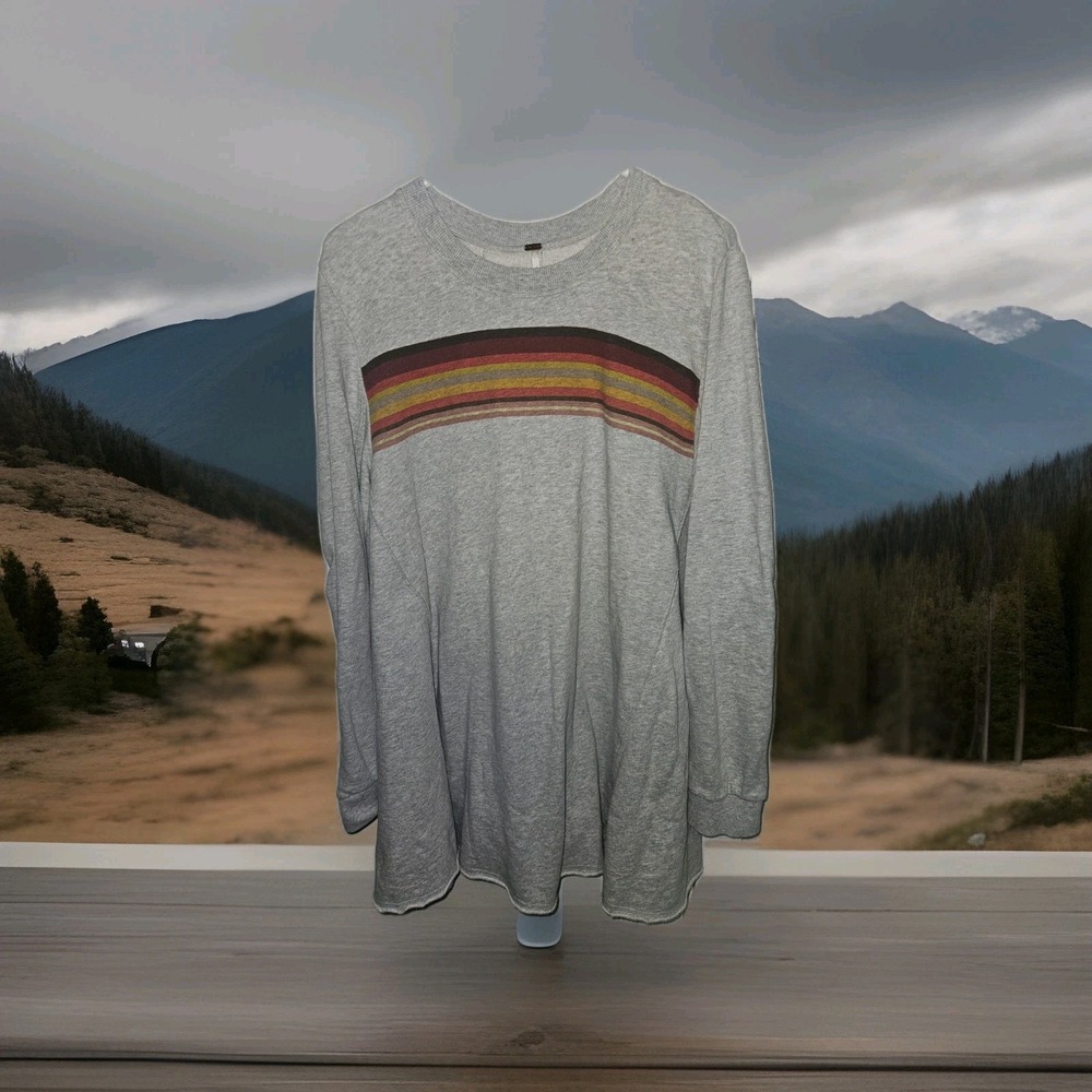 Free People Oversized Raw Hem Longline Striped Sweatshirt‎ Size MED